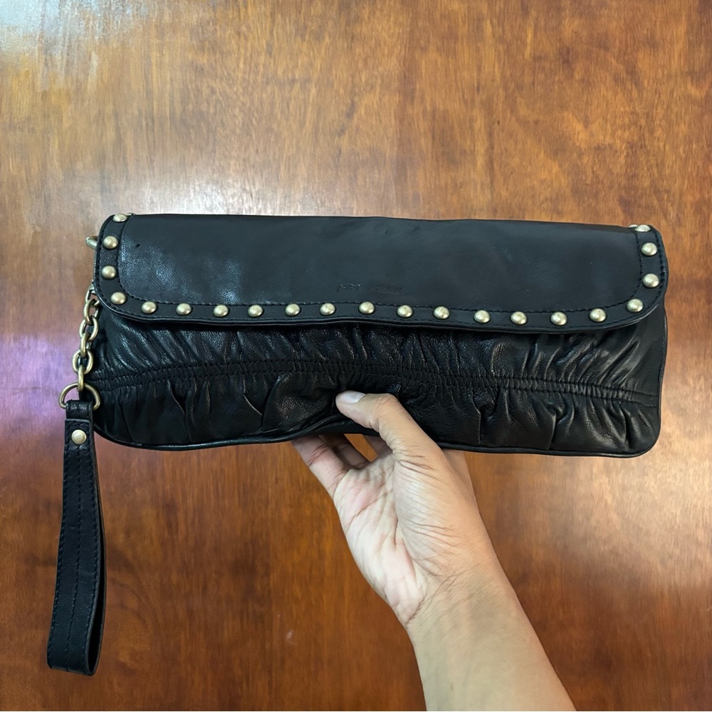 Betsey Johnson Black Leather Ruched Clutch with Gold Studs Hardware